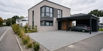 Großflächige graue Steinteppich-Einfahrt vor einem modernen Wohnhaus