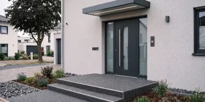 Eingangstreppe und Podest mit anthrazitfarbenem Steinteppich
