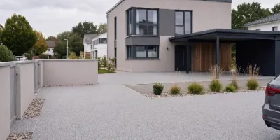 Befahrbare Hofeinfahrt mit grauem Steinteppich und Carport